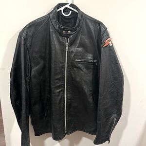 Harley-Davidson patched black Leather biker jacket Sturgis 2003 arm patch Sz 48